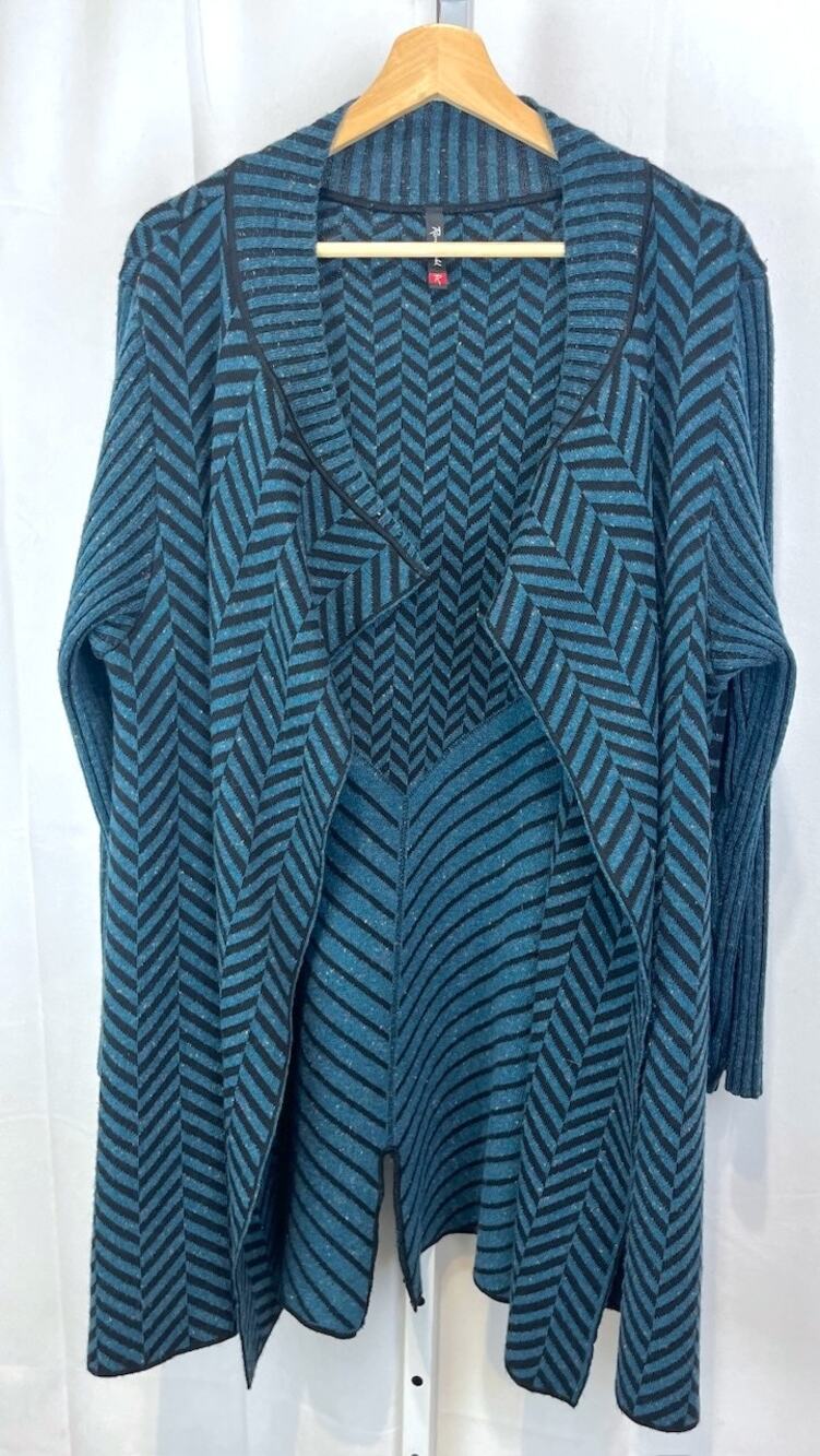 RONI RABL L Open Front Chevron Cardigan Tunic Sweater Merino Wool Blend Blue